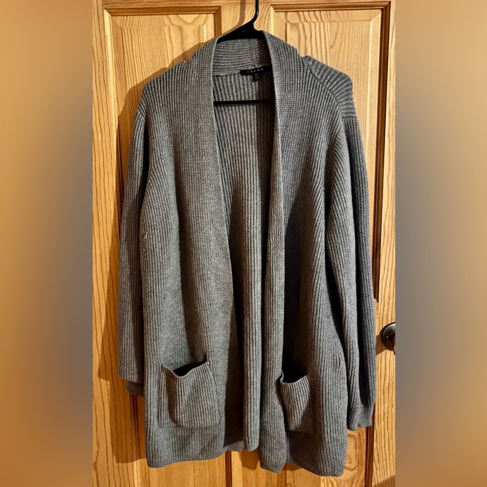 Cyrus Gray Ribbed Knit Cardigan Sweater XL Women Open Front Oversized Cozy Pockt